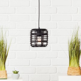 Lightbox Pendant Light in Nature Design, Diameter 16 cm, E27 Socket, Ceiling Light with Bamus Lamp Shade, for Dining Room, Living Room or Kitchen, Made of Metal/Bamboo in Black/Beige