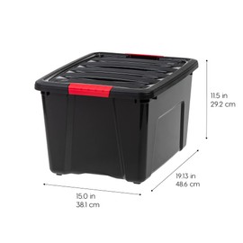 IRIS USA 40 Qt Stackable Plastic Storage Bins with Lids, 4 Pack - BPA-Free, Made in USA - Garage Organizing Solution, Latches, Durable Nestable Containers, Secure Pull Handle - Black