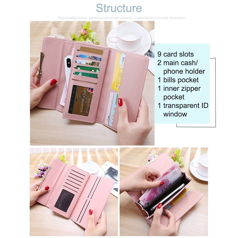 WOOLALA Women Cute Bowknot Wallet Trifold Large Capacity Long Purse