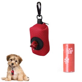 Poo Bag Holder with Dog Poo Bags Reusable Poo Bag Dispenser Portable Mesh Dispenser Pouch Red Poop Waste Bag Pet Supplies for Outdoor Travel Walking Park