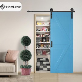 HomLxclx Sliding Barn Door Hardware Kit 5 FT Heavy Duty Slide Barn Door Track Rail with 2 Handles and Adjustable Floor Guide Also Hook, Smooth Quiet Fit 1 3/8-1 3/4" Thickness Panel(J Shape Hangers)