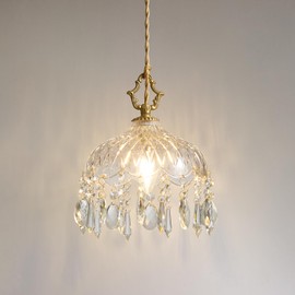 Mini Vintage Crystal Pendant Light - Brass Gold Clear Glass, Single