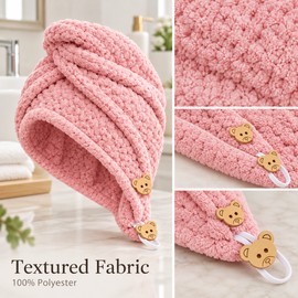 Absorbent Hair Towel Wrap for Wet Hair – Button Closure and Textured Polyester Fabric for Easy Post-Shower Hair Care