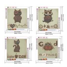 DCIDBEI 30 x 30 cm 4 Pieces Diamond Painting Coffee Animals, 5D Round Diamond Painting Owl, Puzzle Diamond Cat Children, Craft Diamond Art Adults, Wall Decoration Living Room
