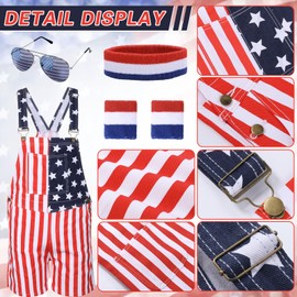 American Flag Overalls Shorts for Men Women 4th of July Patriotic Bib Denim Jumpsuit Adjustable Straps Headband Wristband (Unisex Coveralls) (US, Alpha, X-Large, Regular, Regular, Red White and Blue)