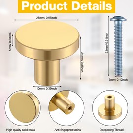 Therwen 50 Pcs Cabinet Knobs Brushed Brass Round Drawer Pulls Closet Door Knobs Mushroom Dresser Solid Hardware with Screws for Kitchen Cupboard Bedroom (Gold,0.98 Inch,Classic)