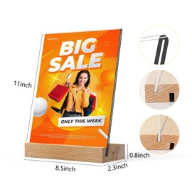 TONICE 8.5 x 11 Acrylic Sign Holder with Wood Base 3 Pack L/T Shape Vertical or Slant Back Display for Wedding, Restaurant, Store, Office, Hotel