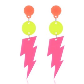 Multicolor Retro 80's 90's Neon Earrings, Exaggerated Lightning Bolt Dangle (Rose Red)