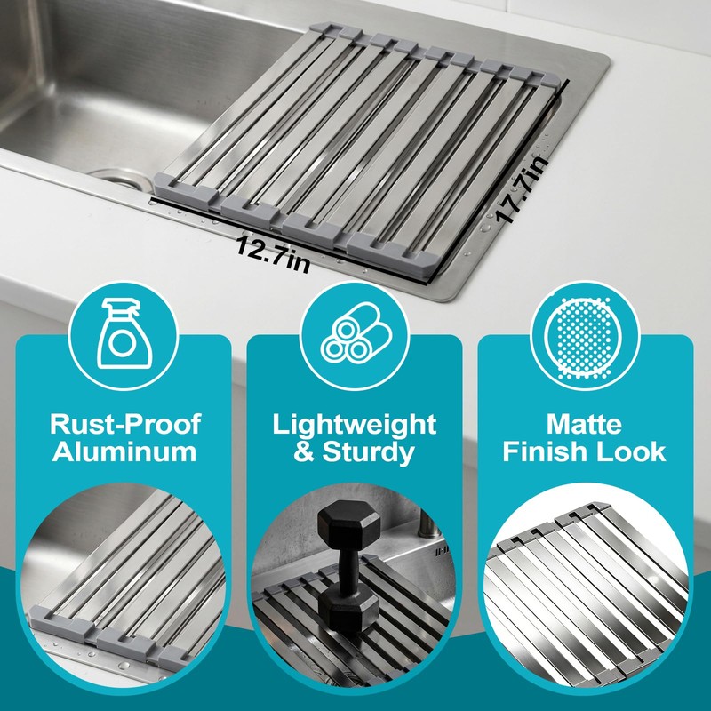 Aluminum Dish Drying Rack, 17.7" x 13.4", Foldable, Rust-Proof, Non-Slip