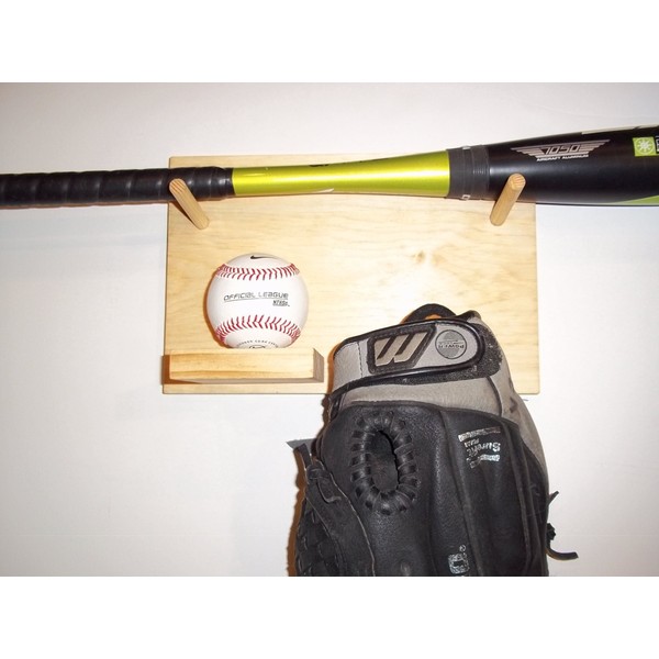 Full Size Baseball Bat Ball Glove Combination Rack Display Case Natural Finish Wall Mount Holder