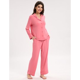 EASWEET Womens Bamboo Viscose Pajama Sets Notch Collar Button Down Long Sleeve Sleepwear Comfy PJ Set, Pink 23, Medium