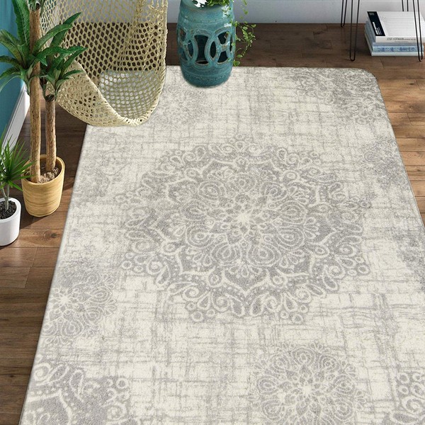 Lahome Vintage Medallion Area Rug - 4’ X 6’Non-Slip Distressed Area Rug Small Accent Throw Rugs Floor Carpet for Door Mat Entryway Bedrooms Laundry Room Decor (4’ X 6’, Gray)