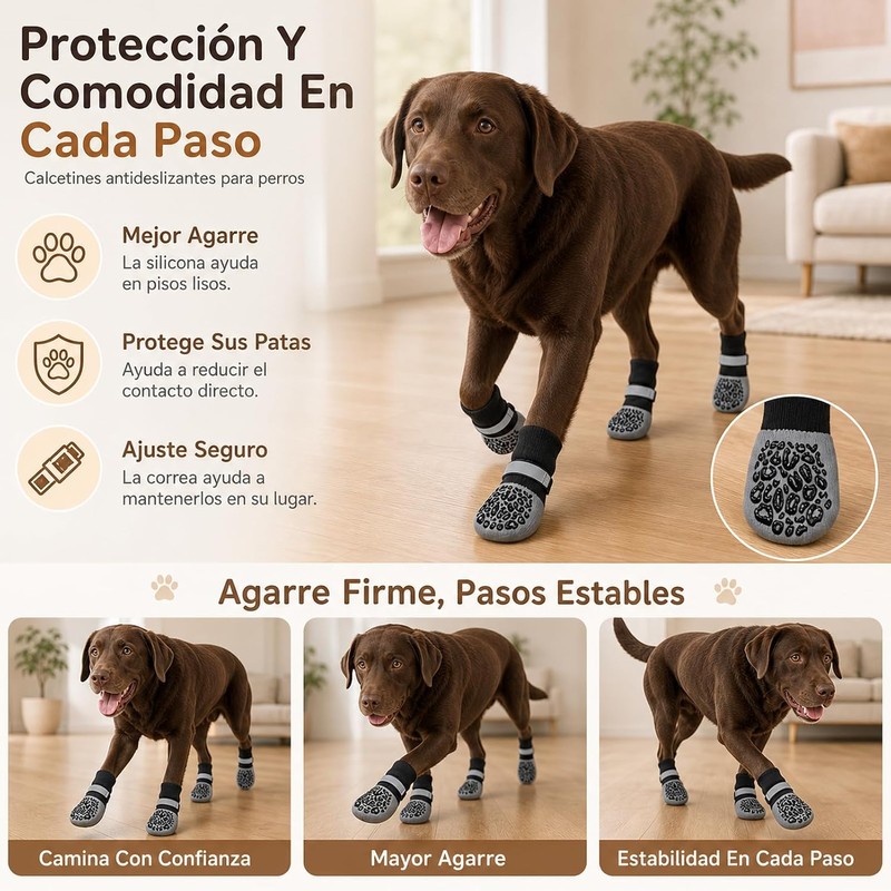 4 Calcetines Antideslizantes para Perros con Tira Reflectante Ajustable,S