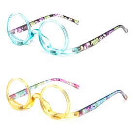 MMOWW 2 Pairs Makeup Readers Flip-top Rotating Fashion Reading Glasses for Women Dual Lens （Blue+Yellow,3.5）