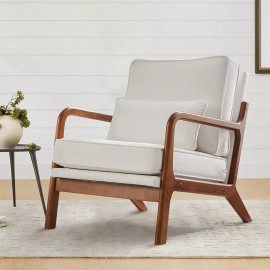 ANTONIA Linen Fabric Comfy Accent Chair Mid Century Chair Lumbar Pillow Lounge Arm Chair