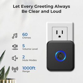 FOVKSUC Wireless Doorbell, Waterproof Door Bell with 60 Chimes, 5 Volume Levels & Mute Mode, Loud Door Bell Ringer Wireless for Home Classroom Office (2 Receiver & 2 Button, Black, U.S. Plug)