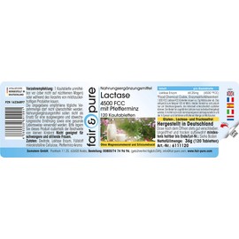Fair & Pure Lactase Tablets, Pack of 120, Swallow Friendly, 4500 FCC with Peppermint Flavour, Dietary Supplement without Magnesium Stearate, Made in Germany