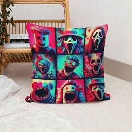The Beach Stop Scary Character Horror Themed Accent Cushion Cover | Spooky Home Decor Inspo | Gift Idea for Men & Women | 45x45cm 18x18” | Horror Collage