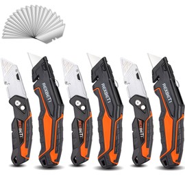REXBETI 6 Pack Retractable Folding Utility Knife, SK5 Heavy Duty Box Cutter for Cartons, Cardboard and Boxes, Blade Storage Design, Extra 20 Blades Included