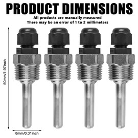 4 pieces Thermowell, 8 x 50 mm stainless steel immersion sleeve, G1/2 inch thread for temperature sensor, protective tube for temperature sensor, immersion protection tubes for thermocouples,