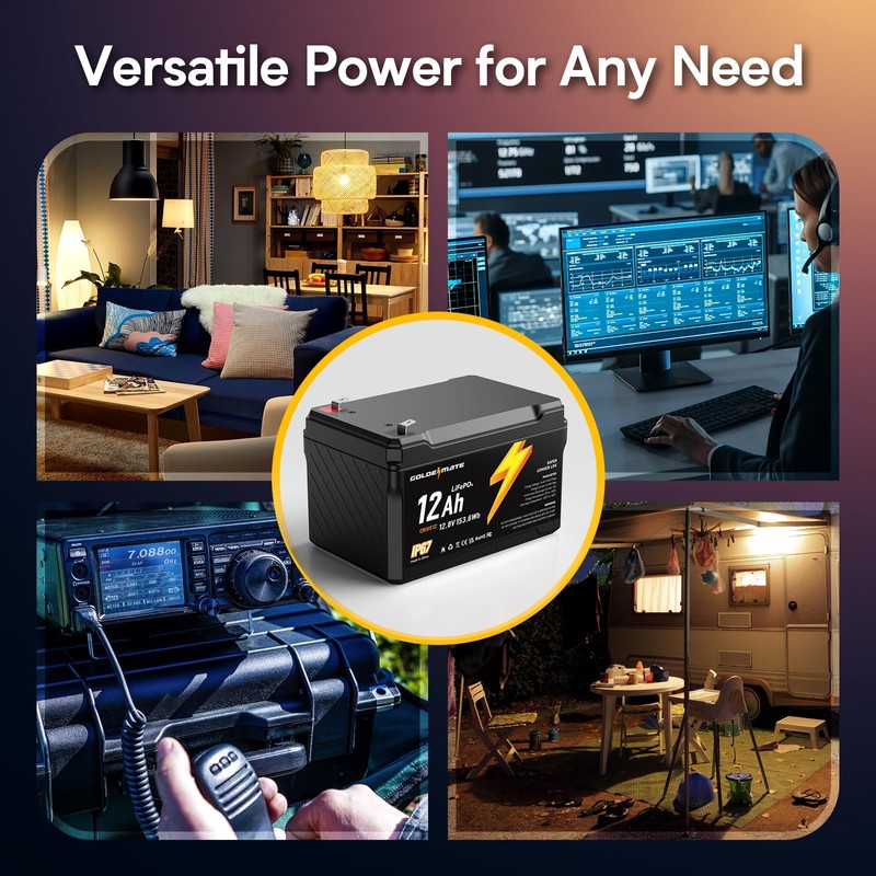GOLDENMATE 12V 12Ah LiFePO4 Lithium Battery(2 Packs), 5000+ Deep Cycles,