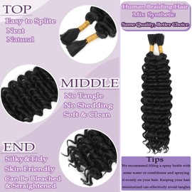 Human Braiding Hair Mix Synthetic Boho Hair for Braiding, 20 Inch Deep Wave Bulk for Boho Braids 2 Pcs Curly Bohemian Wet and Wavy Braiding Hair (1B, 20 Inch)