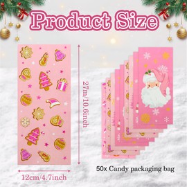 50 PCS Christmas Cellophane Treat Bags Cute Pink Santa Claus Goodie Candy Xmas Snowflakes Snowman Party Favor Gift Bags Plastic Cello Bags for Girls Boys Kids Merry Christmas Party Supplies