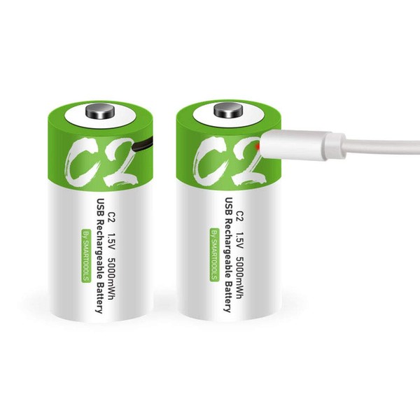Rechargeable C Batteries 1.5V 5000mWh USB Lithium ion Rechargeable C Battery with USB Type C Charging Cable, High Capacity Fast Charge, 1200 Cycles Constant Output, Over-Charge Protection,2-Pack