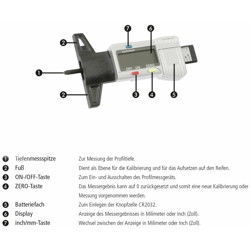 Tyre Tread Depth Gauge Profile Gauge Digital 0-25.4 mm LC