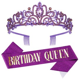 Velscrun Happy Birthday Queen Violets Tiara Crowns for Women, Birthday Girl Sash, Party Favors & Decorations