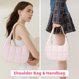 Puffer Crescent Shoulder Bag for Women, Quilted Purses for Women, Quilted Shoulder Purses with Adjustable Strap (Pink)