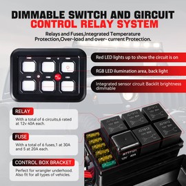 6 Gang Switch Panel Universal Circuit Control Relay System with Automatic Dimmable On-Off LED Switch Pod Touch Switch Box for Truck Jeep Trailer Car Boat RV ATV UTV SUV Acc Wired Waterproof