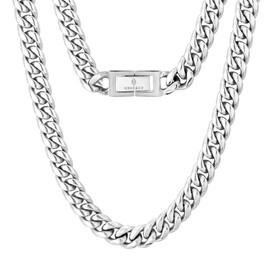 KRKC&CO 10mm Cuban Link Chain, 18K Gold Plated Stainless Steel Men's Necklace, Anti-Tarnish Anti-Allergies, Miami Curb Chains Hip Hop Necklace for Men Homme(10mm-Silver,18inches)