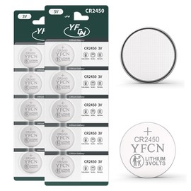 YFCN CR2450 Battery 3V 2450 Lithium Battery 10 Count Pack CR2450 Batteries - 10 Years Shelf Life - CR 2450 Coin Cell Batteries for Key Fob, Remotes, Flameless Candles