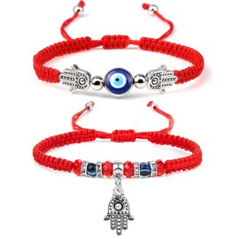 Fesciory Evil Eye Bracelets for Women, 2Pcs Adjustable Red String, 7 Knots Braided Lucky Thread, Hamsa Hand Amulet Bracelets for Men Women Jewelry Gifts (2 Eyes Hand&2 Hand)