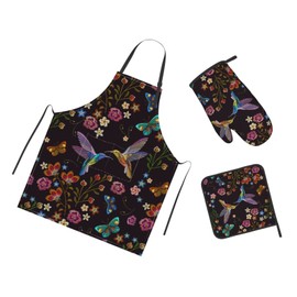 Oplp Beautiful Humming Bird 3 Piece Kitchen Set Waterproof Apron with Oven Mitt and Pot Holder Tropical Flowers Cooking Adjustable Apron Microwave Glove Potholder