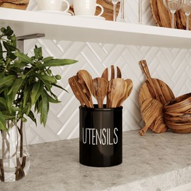 Barnyard Designs Ceramic Farmhouse Kitchen Utensil Holder for Countertop, Decorative Kitchen Utensil Crock for Counter, Spatula Holder, 7" (Black)
