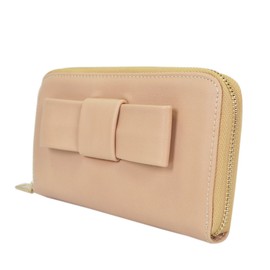 Women's Bow Front PU Leather Zip Around Wallet, Beige