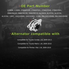 11385N Alternator Fit for Toyota Corolla 1.8L 2009-2013 & Matrix 1.8L 2009-2010 & for Pontiac Vibe 1.8L 2009-2010 100 Amp 12V CW 6-Groove Clutch Pulley Replaces# 270600T040 0986CR6103 AL3370X
