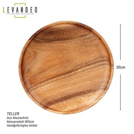 levandeo Wooden Plate, 30 x 30 cm, Round, Acacia Wood Plate, Wooden Bowl, Fruit Bowl, Decorative Storage, Fruit Plate