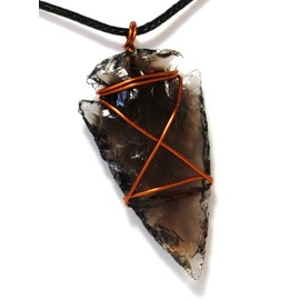 Stone of Detoxification - Reiki Energy Charged Copper Wire Wrapped Black Obsidian Crystal Arrowhead Pendant with Cord (Beautifully Gift Wrapped)