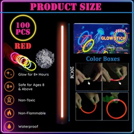 100Pcs Glow Sticks Party Packs with Connectors,20cm Glowsticks,Glow in the Dark Supplies,Long Lasting Glow Stick Necklaces Bracelets Glasses Accessories for Kids Adults Xmas Easter Party Supplies-Red