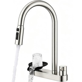 Kitchen Faucet with Pull Down Sprayer and Glass Rinser, Cup Rinser Faucet, Lead-Free Brass Waterway, 3 Spray Modes, Single Handle, Single Hole Kitchen Sink Faucet, Brushed Nickel