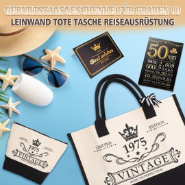 Zidoley 50th Birthday Gift for Women 1975 Tote Bag Travel Gear, 50th Birthday for Mother Wife Friends, Handbag & Cosmetic Bag & Birthday Poster Gift for Vintage 1975 (50 Years)