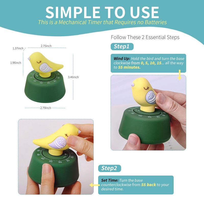 Mechanical Kitchen Timer, Cute Timer for Kids, Wind Up 60