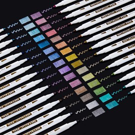 Shuttle Art Metallic Marker Pens 30-Color Set with Adult Coloring Book | Water-Based, Quick-Drying Color Pens for Photo Albums, Handmade Cards, New Year's Cards, Glass, Wood, Ceramic Surfaces and More