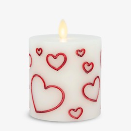Luminara Flameless Candle Debossed Hearts Pillar Valentine's Day Collection (Pearl Ivory Red Metallic, 3.3" x 4.5")