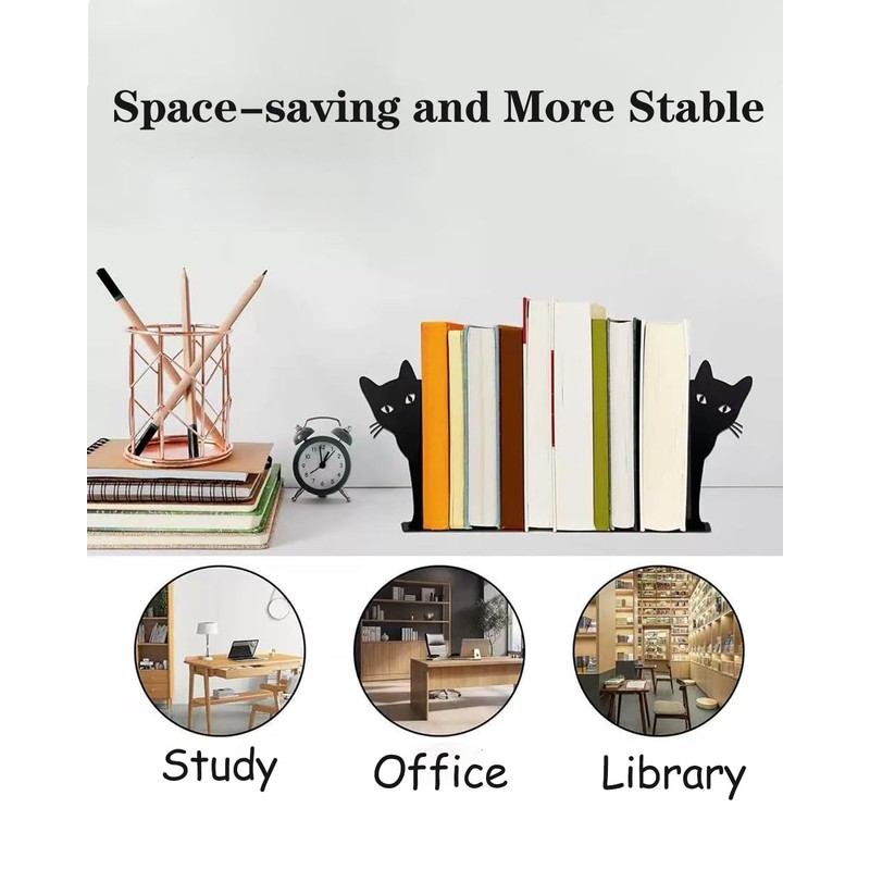 Metal Cat Bookends, 1 Pair Cute Cat Bookends for Shelves