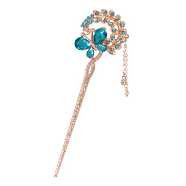 Honbay Fashion Long Hair Decoration Chinese Traditional Style Retro Tassel Alloy Blue Butterfly Hair Stick Hair Chopsticks Hairpin Chignon Pin
