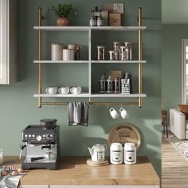 Bestier Kitchen Shelves Wall Mounted Floating Pipe Shelving 3 Tier 41.5" Coffee Bar Shelf with Holder Wall Display Storage Rack Kitchen Organization and Home Decor, White Faux Marble